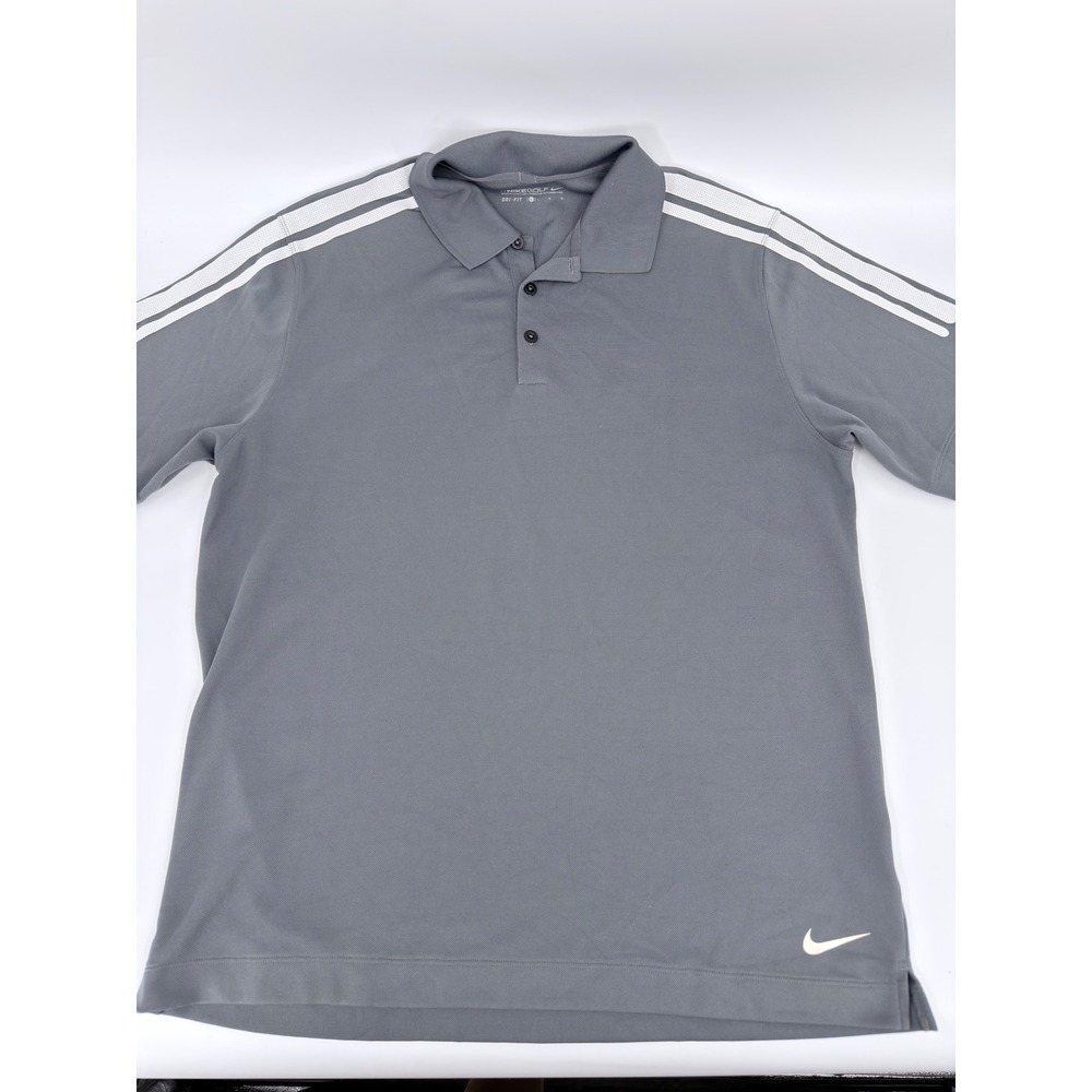 Nike Golf Polo Shirt Dri-Fit Modern Mens Size Large Gray White Striped Shoulder